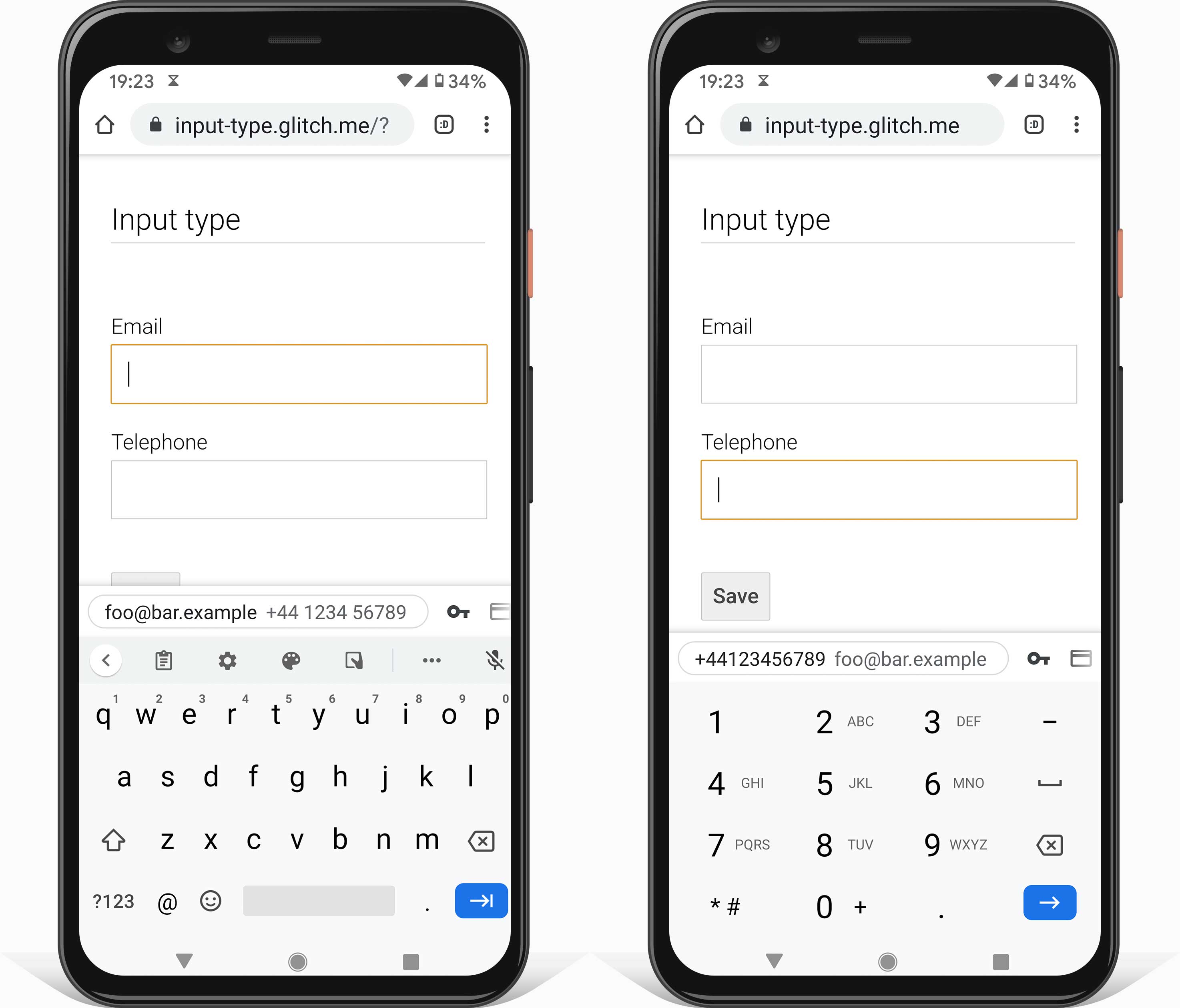 Deux captures d'écran de téléphones Android, montrant un clavier adapté à la saisie d'une adresse e-mail (avec type=email) et d'un numéro de téléphone (avec type=tel).