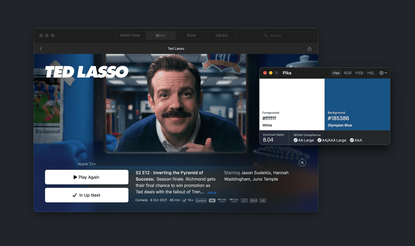 Capture d'écran d'une série TV avec le titre au-dessus, le L est blanc et le bleu derrière est comparé. Ils ont un contraste de 8 et atteignent les cibles AA et AAA.