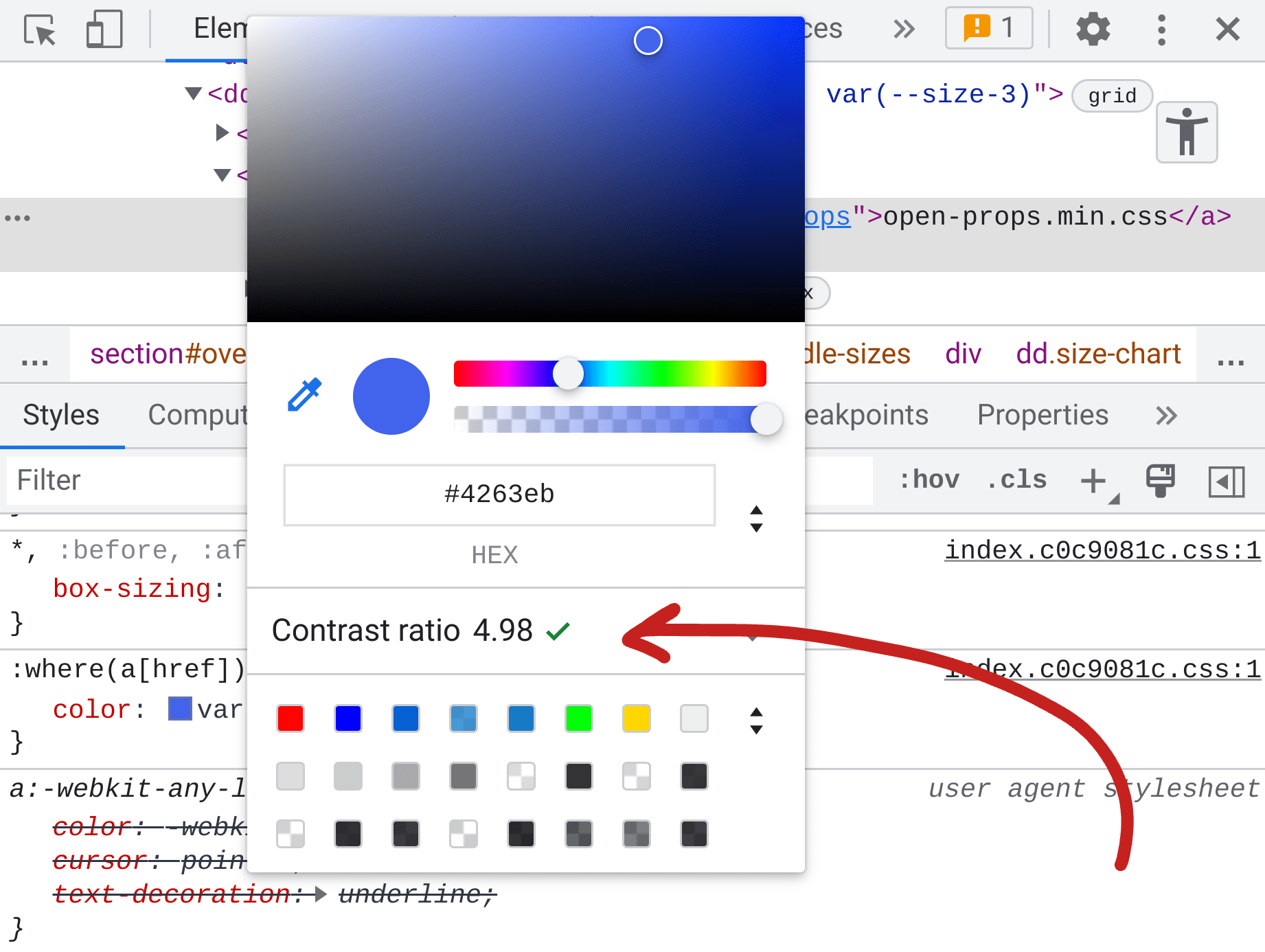 Capture d'écran du panneau "Éléments" de DevTools.Dans les styles, le sélecteur de couleur s'affiche et, au milieu, le rapport de contraste de la couleur est de 4,98.