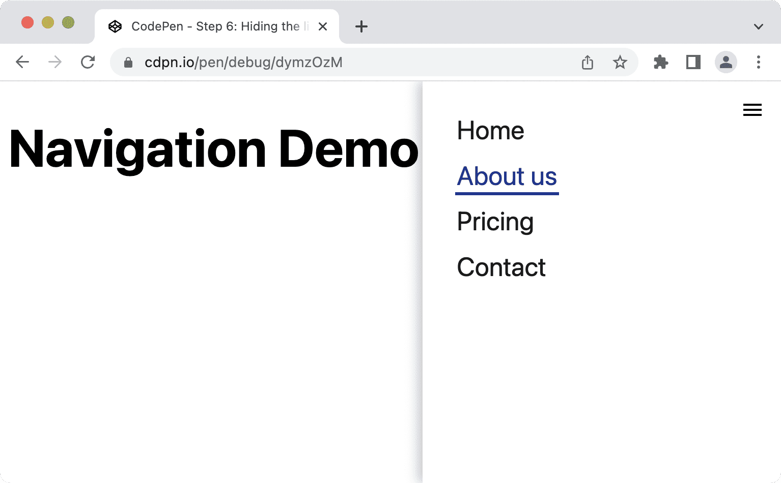 La liste de navigation s'ouvre.